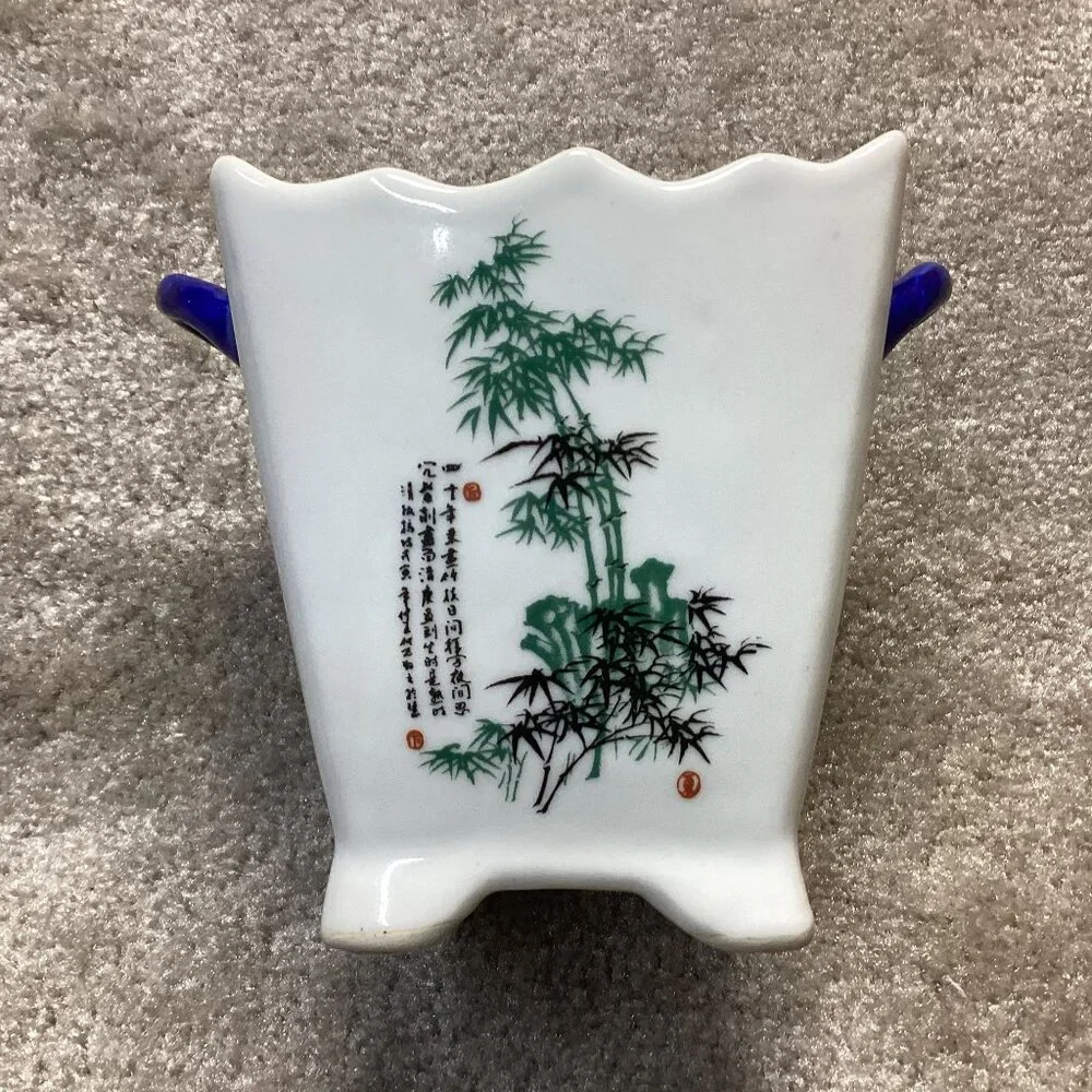 Vintage Chinese Porcelain Vase Planter With‎ Blue Handles & Floral Bamboo Design